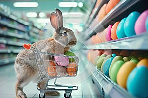 Easter bunny standing with shopping cart of Easter eggs in supermarket