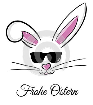 Easter bunny in sunglasses vector illustration drawn by hand. Bunny face, ears and tiny muzzle with whiskers isolated on