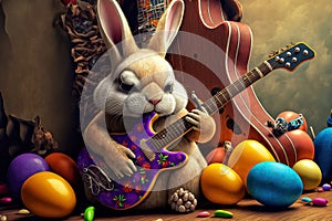 Easter Bunny Surrounded By Easter Eggs Playing an Electric Guitar - AI Generative