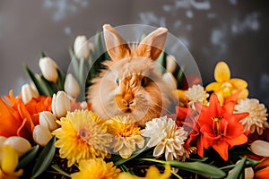 An Easter bunny surrounded by spring flowers.