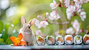 Easter bunny with sushi, green nature background with flowers