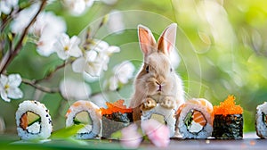 Easter bunny with sushi, green nature background with flowers