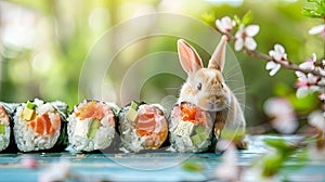 Easter bunny with sushi, green nature background with flowers, copy space