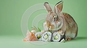 Easter bunny with sushi on light green background