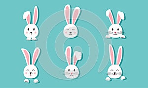 Easter bunny vector icon, paper rabbit set, cute animal head, cartoon character. Funny illustration