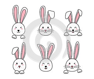 Easter bunny vector icon set, happy rabbits, cute hand drawn characters,. Cartoon animal face