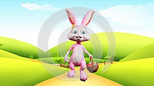 Easter bunny walking with colorful eggs basket
