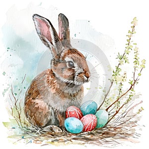 Easter Bunny Watercolor Illustration, Happy Easter Greeting Card, Springtime Banner