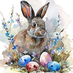 Easter Bunny Watercolor Illustration, Happy Easter Greeting Card, Springtime Banner