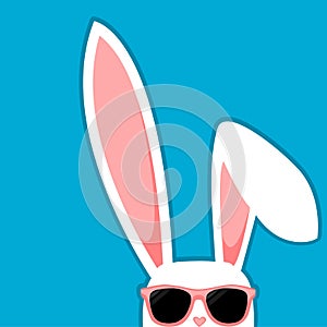 Easter Bunny White Rabbit With Big Ears And Sunglasses On Blue Background photo