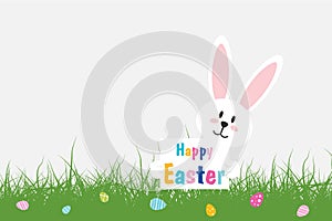 Easter Bunny. White Rabbit with easter eggs and text Happy Easter on light background with grass. Vector illustration