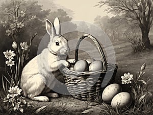 easter bunny with wicker basket full of eggs and springtime nature landscape antique engraving style illustration