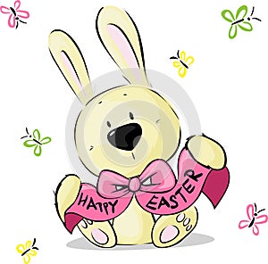 Easter Bunny Wish Happy Easter with Butterfly - Vector Illustration