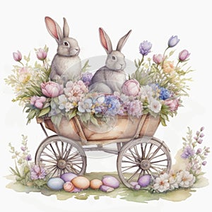 Easter bunny in a wooden cart with painted eggs and flowers. Watercolor illustration