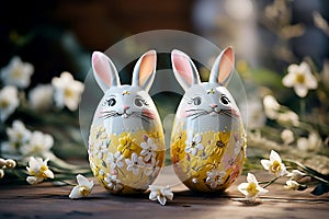 Easter bunnys in the shape of a painted eggs on background of flowers