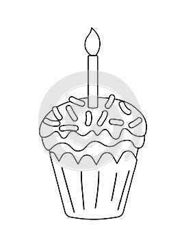 Easter cake with burning candle. Coloring page. Black and white cupcake. Vector