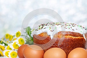 Easter cake and colored eggs  yellow flower blossoms on background. Holiday food and easter concept. Selective focus. Copyspase