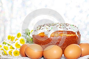 Easter cake and colored eggs yellow flower  blossoms on background. Holiday food and easter concept. Selective focus. Copyspase