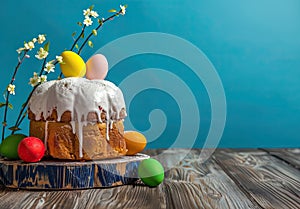 Easter cake and colorful Easter eggs. Easter spring background. Copy space