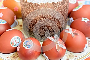 Easter cake and decorated chicken eggs laid out on a plate. Easter tradition: chicken eggs are exchanged and they say: `Jesus is