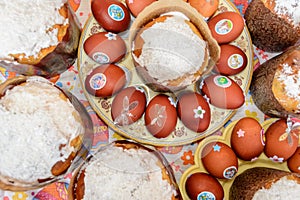 Easter cake and decorated chicken eggs laid out on a plate. Easter tradition: chicken eggs are exchanged and they say: `Jesus is