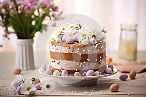 Easter cake decorated with spring flowers on morning table with easter eggs.