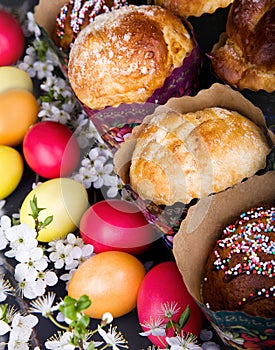 Easter cake with Easter eggs over black background