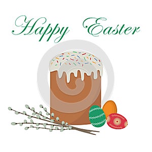 Easter cake, eggs and willow twigs isolated on a white background