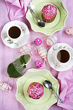 Easter cake on festive Easter table. Easter table setting.