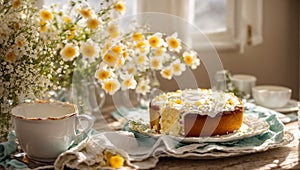 Easter cake, flowers on the background cream delicious traditional delicious culture