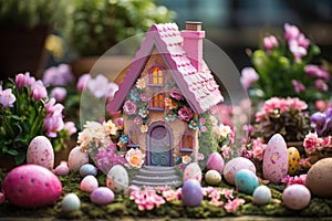 Easter cake in the form of a wooden house with a rabbit