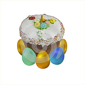 Easter cake and  golden easter eggs on white background