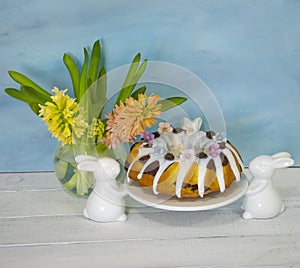 Easter cake holiday outlay with wooden decoration