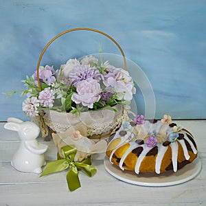 Easter cake holiday outlay with wooden decoration photo