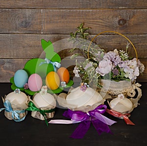 Easter cake holiday outlay with wooden decoration photo