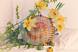 Easter cake painted eggs daffodils spring composition rustic retro style