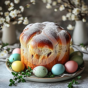Easter cake with painted eggs on the table
