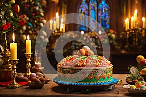 Easter cake in plate on decorated table with colorful holiday eggs and burning wax candles