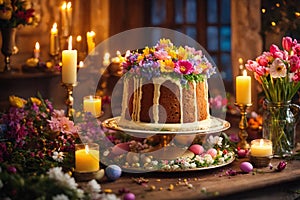 Easter cake in plate on decorated table with colorful holiday eggs, natural flowers and burning wax candles