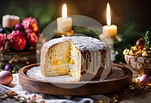 Easter cake in plate on decorated table with colorful holiday eggs, natural flowers and burning wax candles