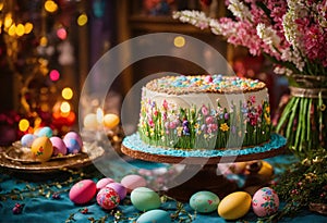 Easter cake in plate stand on decorated table with colorful holiday eggs and natural flowers