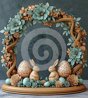 Easter cake with rabbits and eggs in the form of nest
