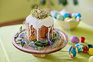 Easter cake, spring photography with Easter desserts. Congratulatory Easter cake, Traditional Kulich, Paska ready for celebration