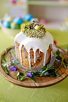 Easter cake, spring photography with Easter desserts. Congratulatory Easter cake, Traditional Kulich, Paska ready for celebration