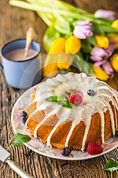 Easter Cake. Traditional ring marble cake withe easter decotation. Easter eggs and spring tulips.