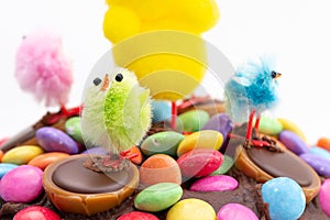 Easter cake on white background. Close up of decoration.