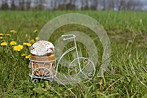 Easter cake in white glaze on a toy bike against green meadow. Symbol of festive spring season.Close up. Copy space