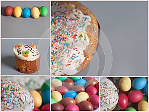 Easter cakes and colored eggs on basket