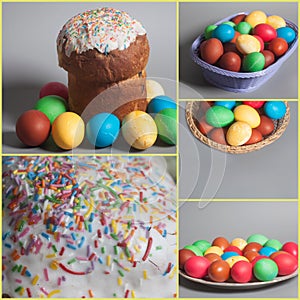 Easter cakes and colored eggs collage