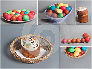 Easter cakes and colored eggs on basket